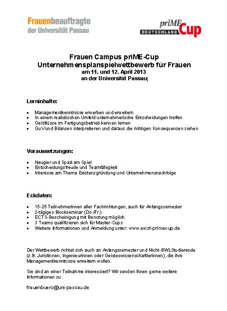 Flyer: Informationen zum EXIST-priME-Cup 2013 an der Universität Passau