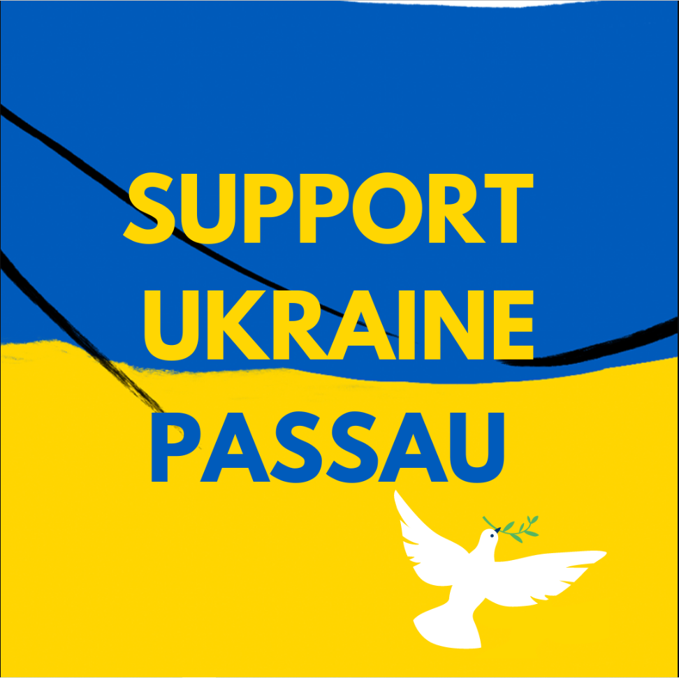 Logo Support Ukraine Passau: Ukrainische Flagge und Friedenstaube