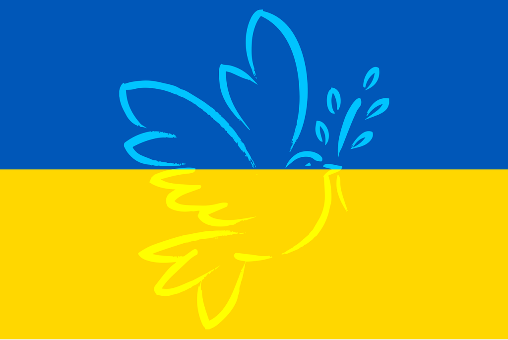 Umriss einer Friedenstaube auf Ukrainischer Flagge